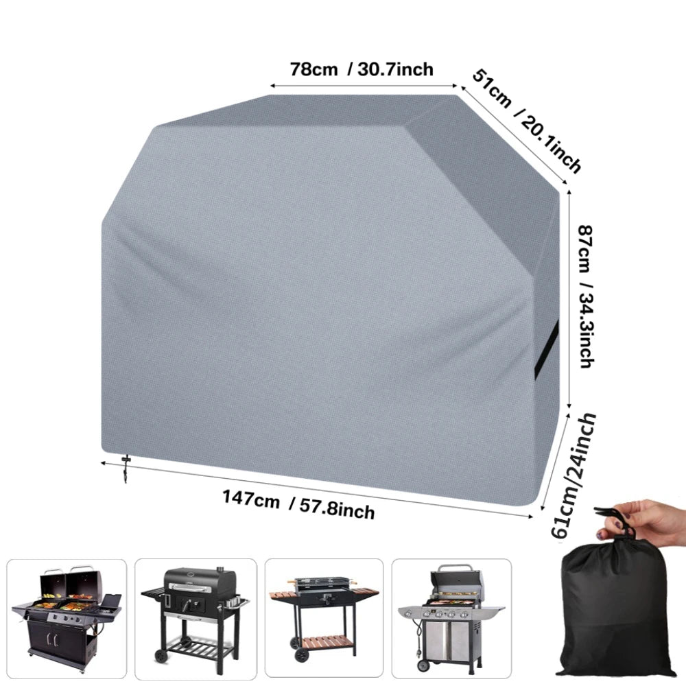 A gray heavy duty waterproof BBQ grill cover shown in various configurations and a folded bag.