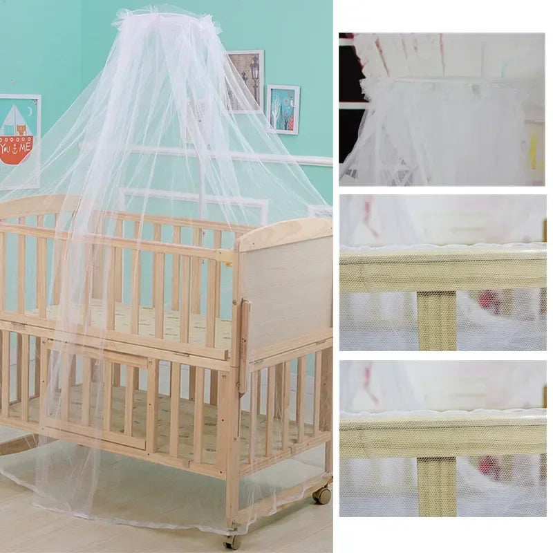 A universal mosquito net draped over a wooden crib and bed frame, showing its use for protection.