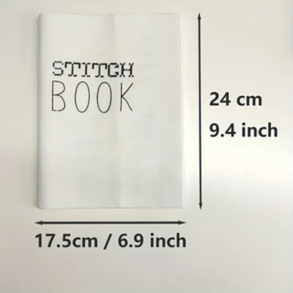 A white embroidery stitch book with the title STITCH BOOK shown next to a measurement scale.