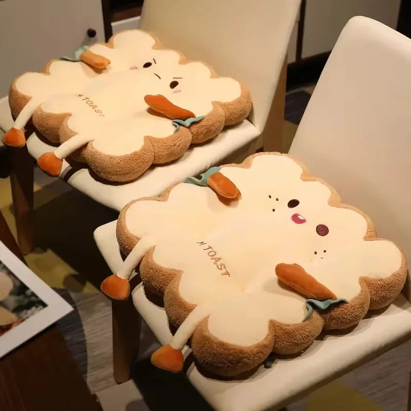 A white cartoon toast shaped seat cushion for back and fatigue relief