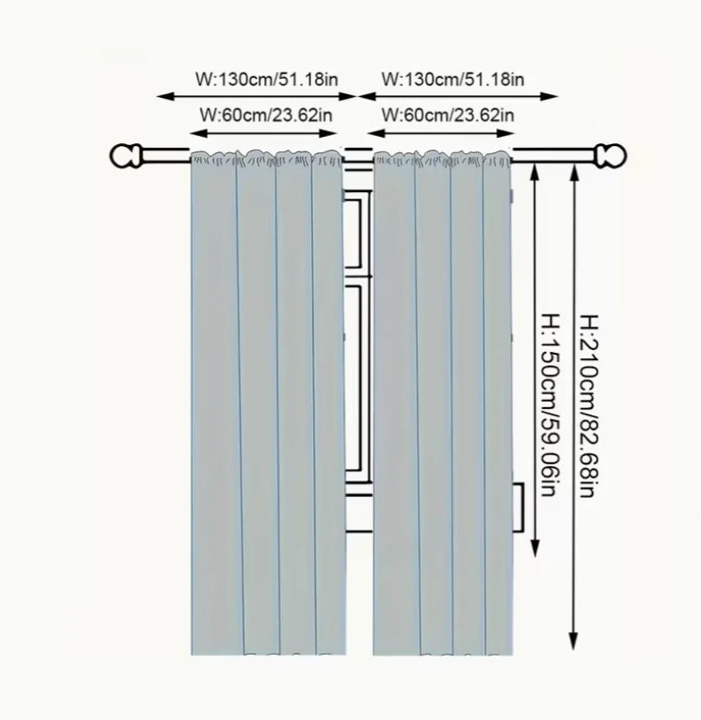 Set of two light blue cow print curtains with adjustable width and height measurements.