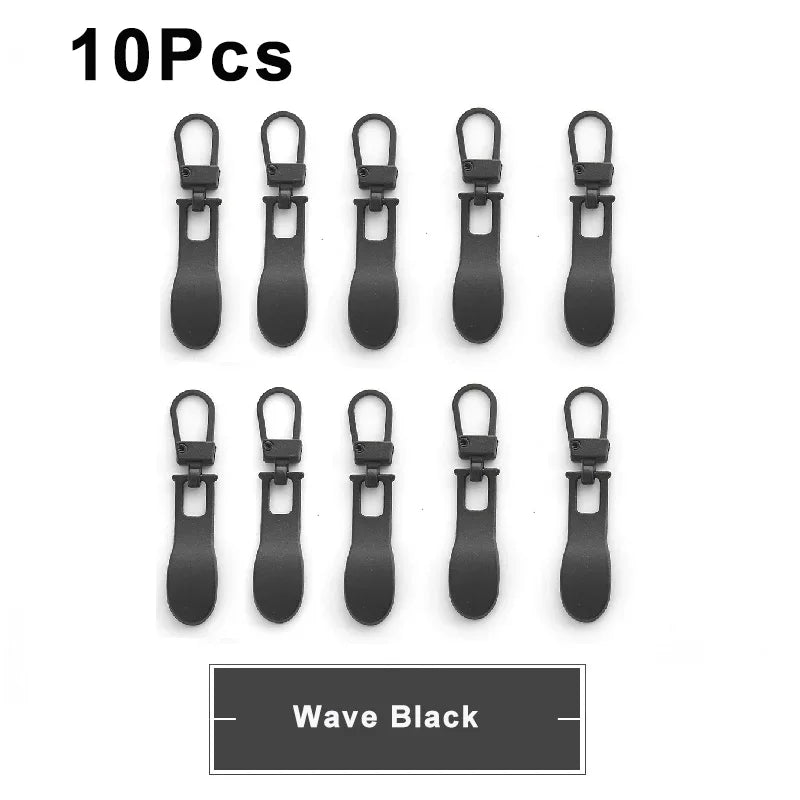 Ten black replacement metal zipper pulls shown individually.