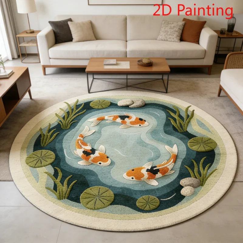 Round rug featuring an underwater scene with koi fish and green aquatic plants.