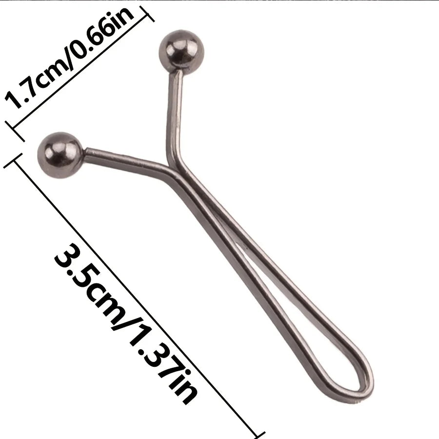 A close-up view of a silver metal lapel clip with a spherical ball and a thin wire, showing its dimensions.