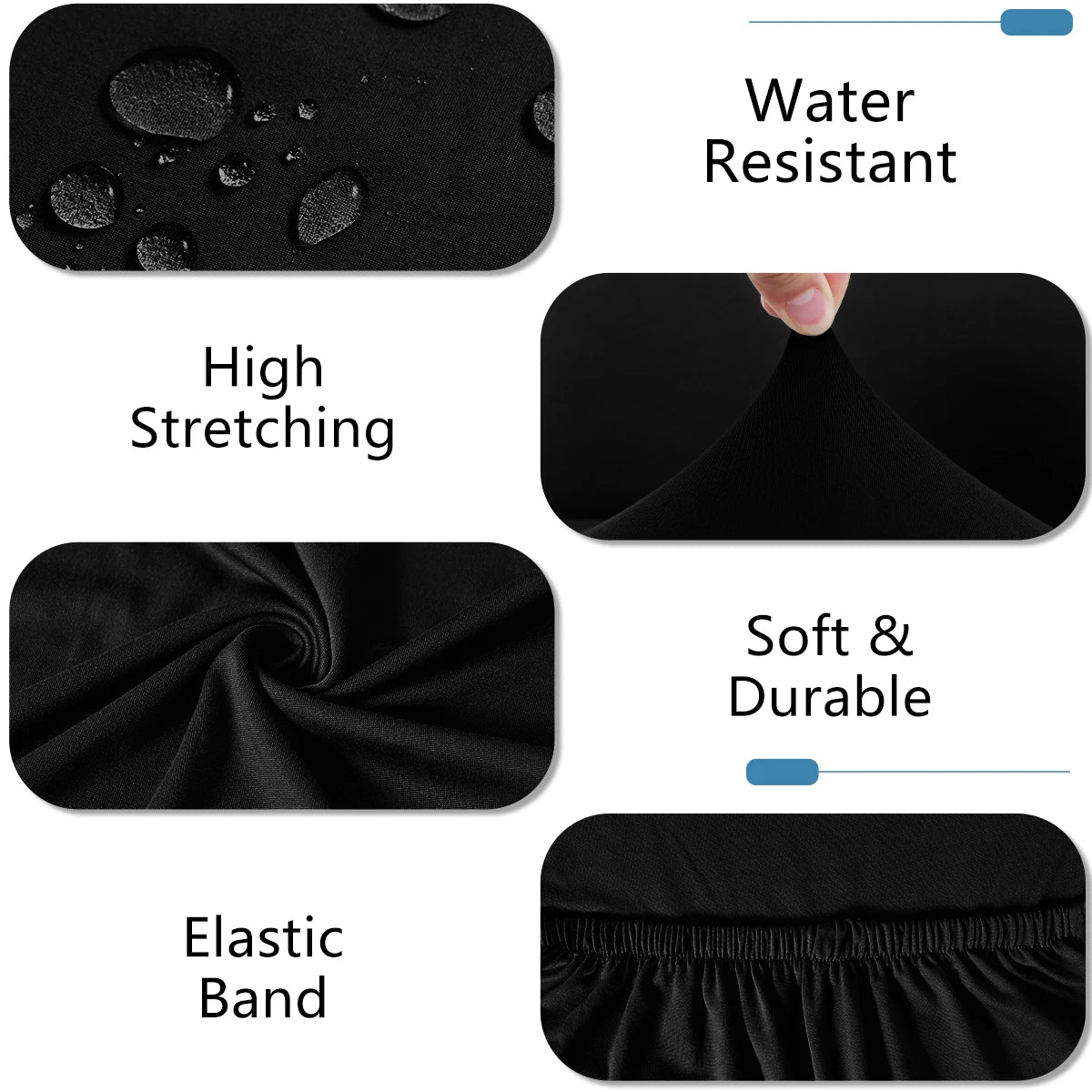 Black elastic band bench cover showing water resistance, high stretching, and soft durability.
