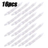 A set of sixteen white adjustable bed sheet grippers with clips.