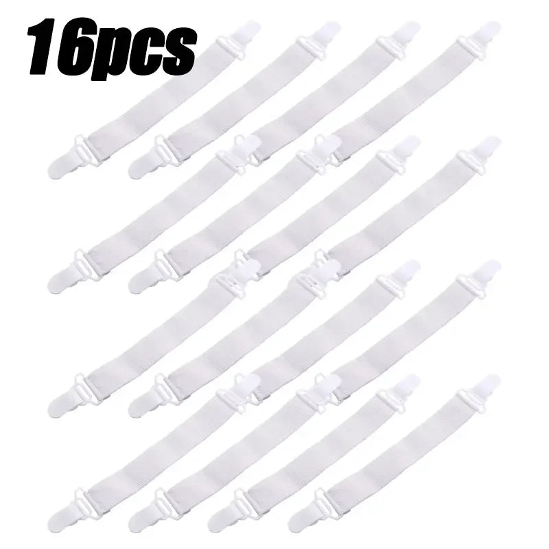 A set of sixteen white adjustable bed sheet grippers with clips.