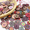 A collection of colorful, vintage-style wooden buttons in various shades and patterns.