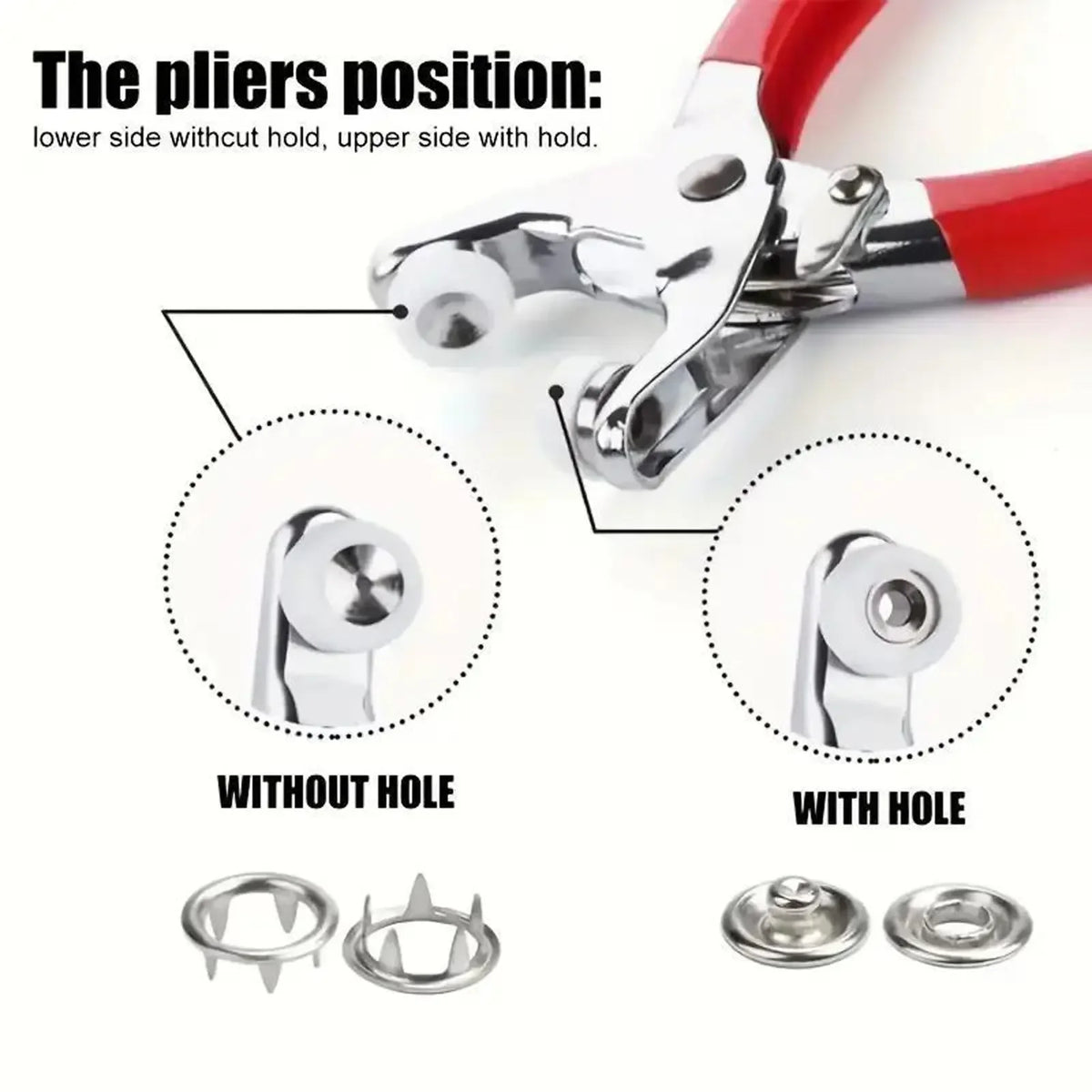 A pair of red pliers showing the proper grip position for using a metal snap button kit with a press tool.