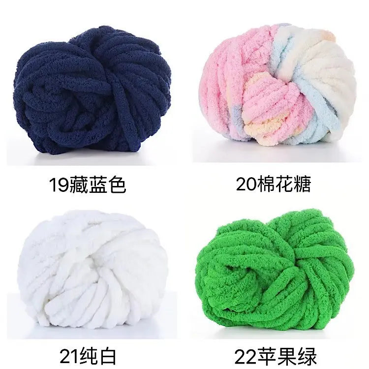 A collection of chunky chenille yarn balls in various colors including navy blue, pink, white, and green.