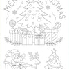 A line art illustration featuring a Christmas tree, wrapped gifts, and Santa Claus with a reindeer.