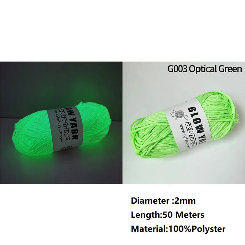 A ball of bright green glow-in-the-dark polyester yarn labeled G003 Optical Green with a diameter of 2mm and a length of 50 m