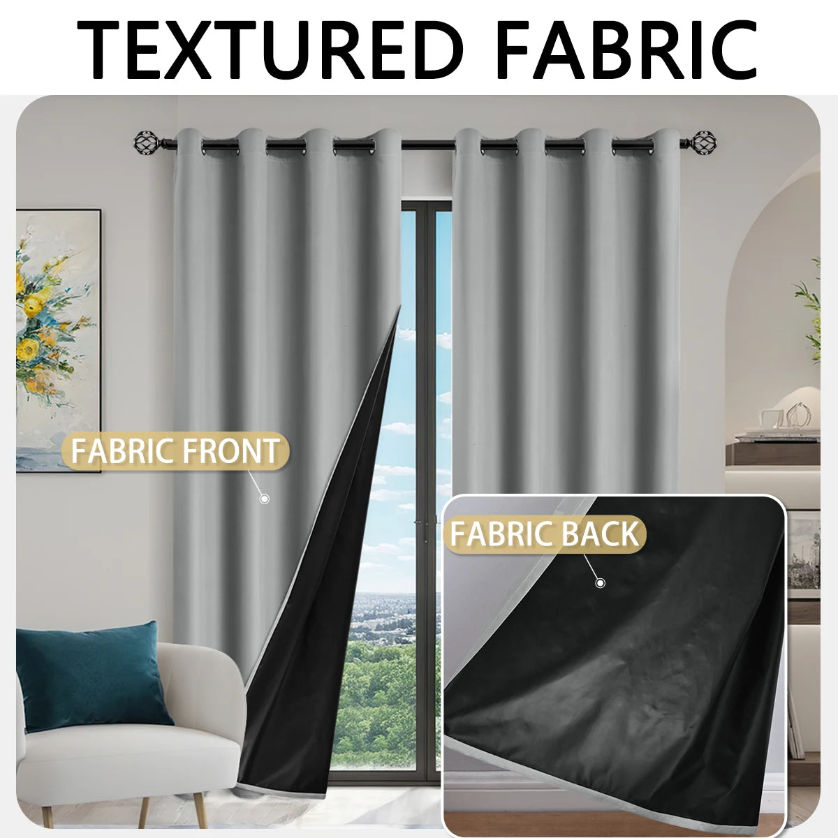 A set of textured gray and black blackout fabric curtains shown in a window frame.
