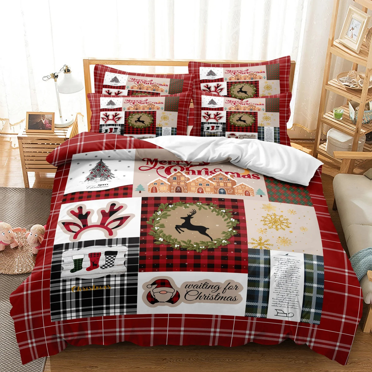 A plaid duvet cover set featuring reindeer and Christmas patterns on a red and black fabric.