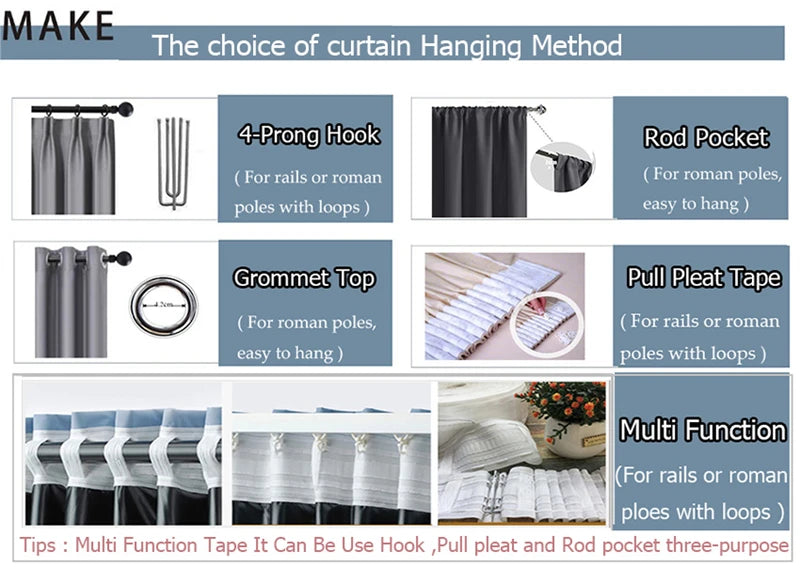 A set of geometric lace short curtains shown in various hanging methods including a 4-prong hook, grommet top, and rod pocket