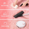 Three cleaning methods shown on a pink carpet: spot cleaning, vacuum cleaning, and robot cleaning.