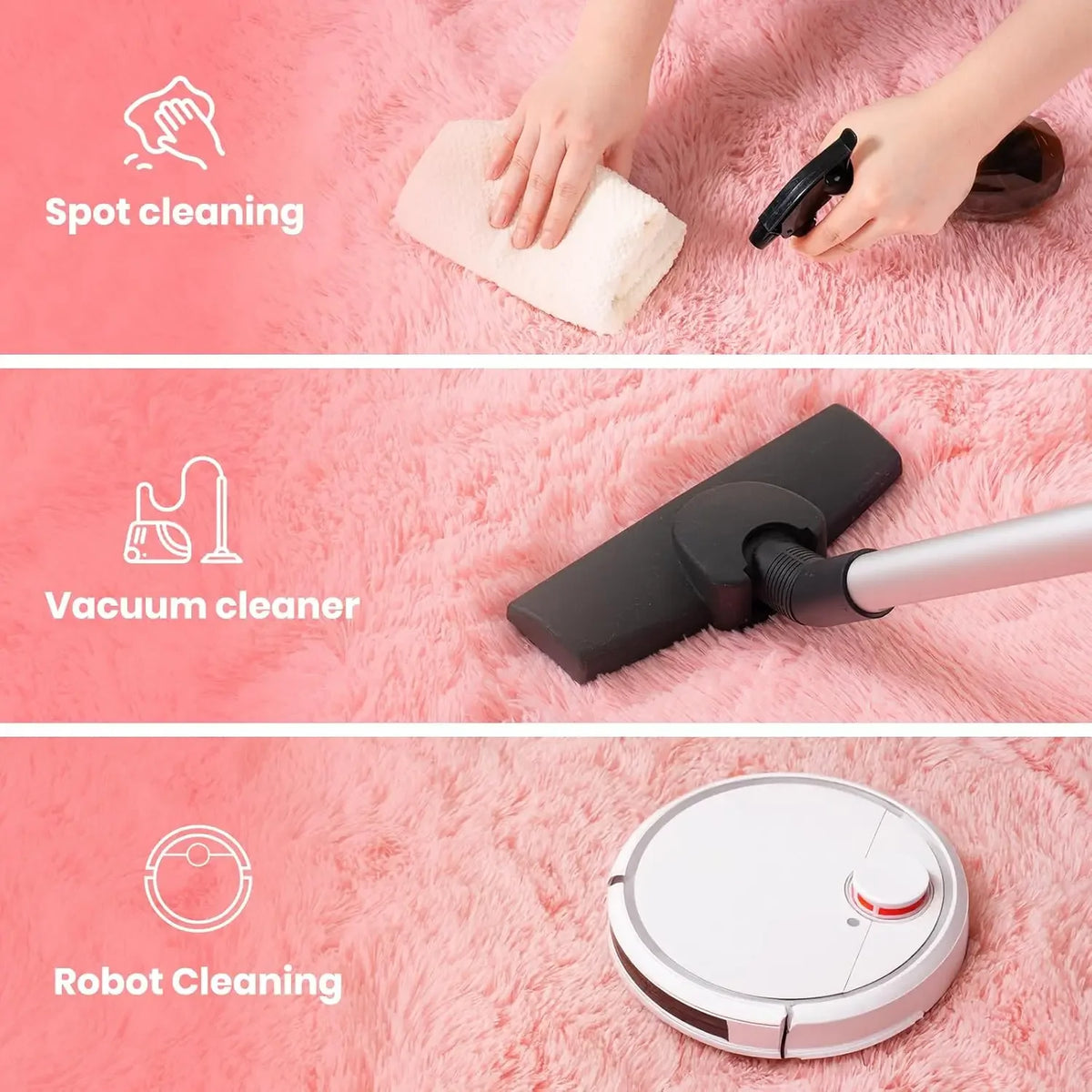 Three cleaning methods shown on a pink carpet: spot cleaning, vacuum cleaning, and robot cleaning.