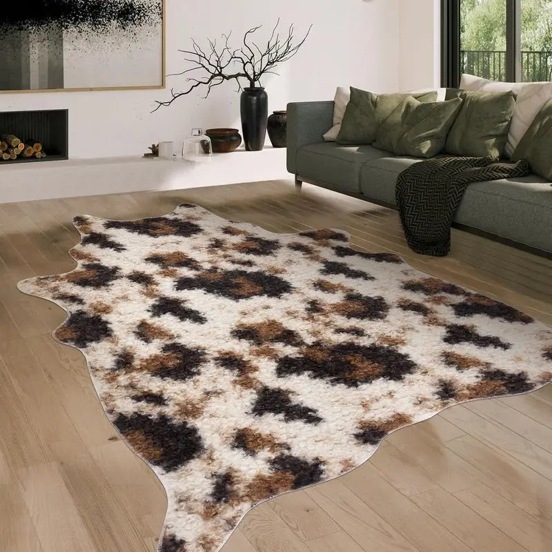 A fluffy faux animal skin rug with brown and black spots placed on a light wood floor.