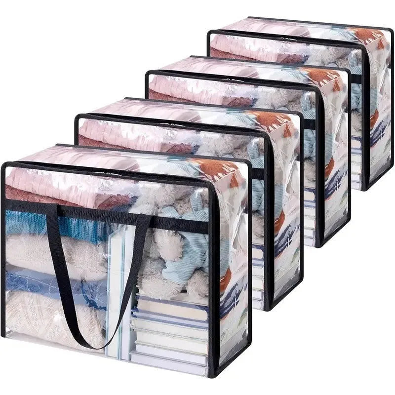 A set of clear and black storage bags with zippers stacked in a row.