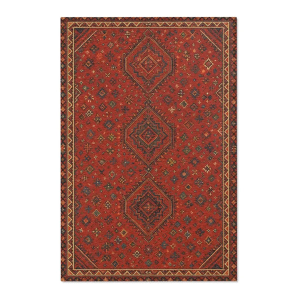 A detailed area rug featuring a deep red and brown Bohemian Turkish style pattern with geometric motifs.