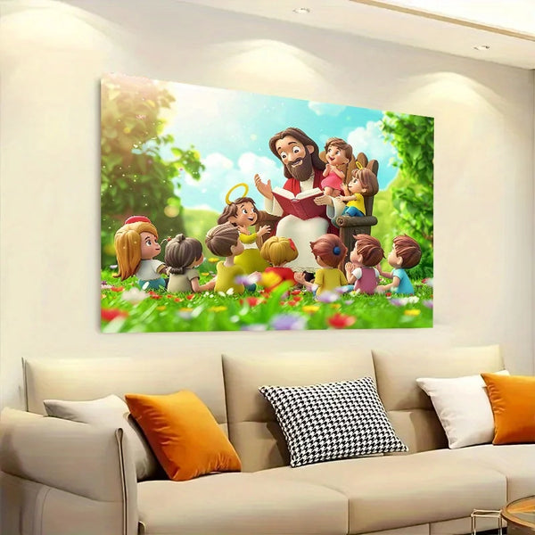 A painting depicting a group of religious characters in a vibrant outdoor setting.