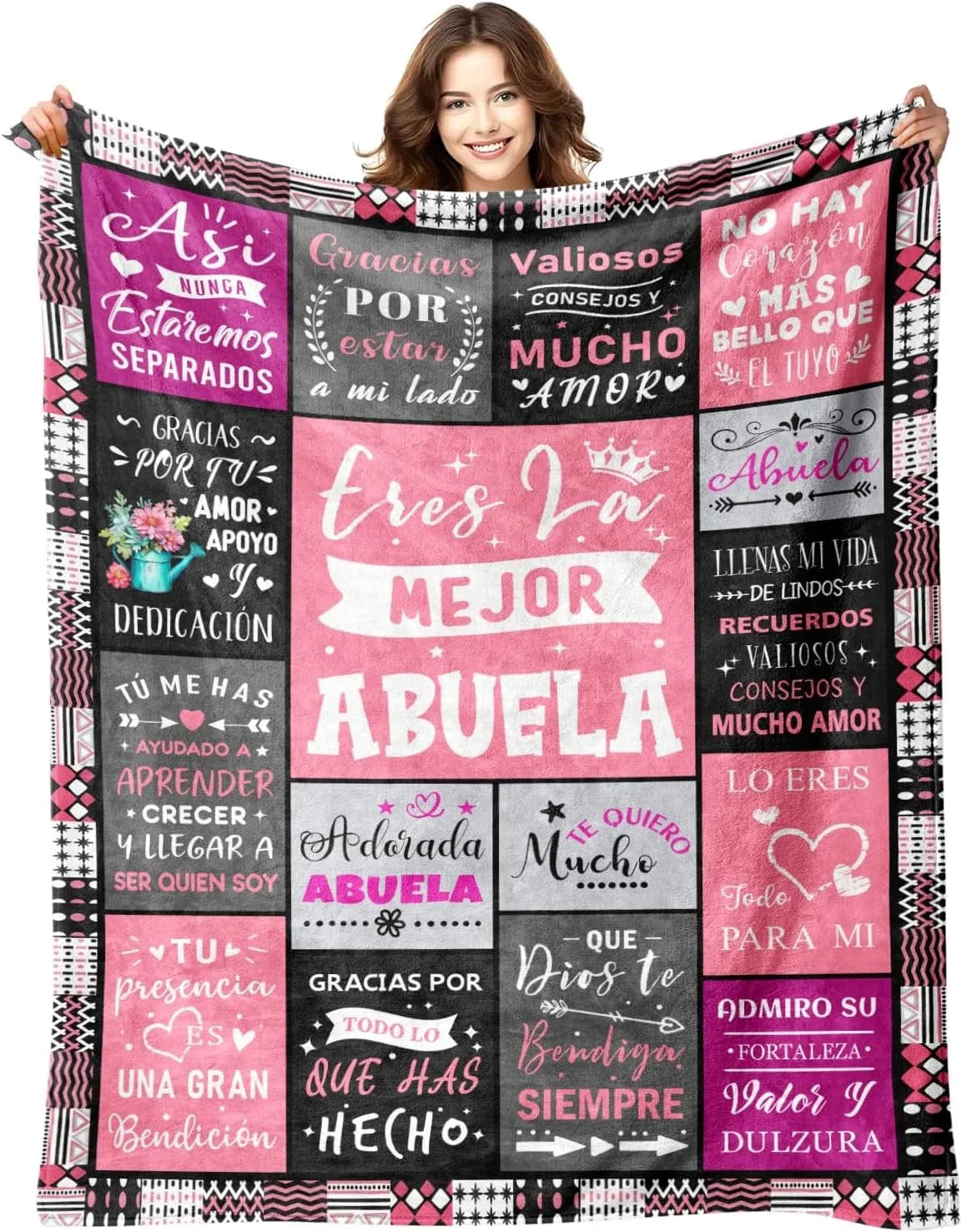 A colorful knitted blanket featuring text in Spanish celebrating a grandmother and family love