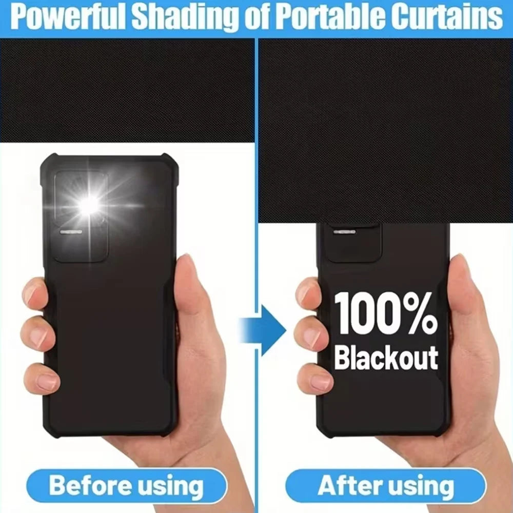Comparison showing a mobile phone before and after using powerful shading portable curtains for blackout