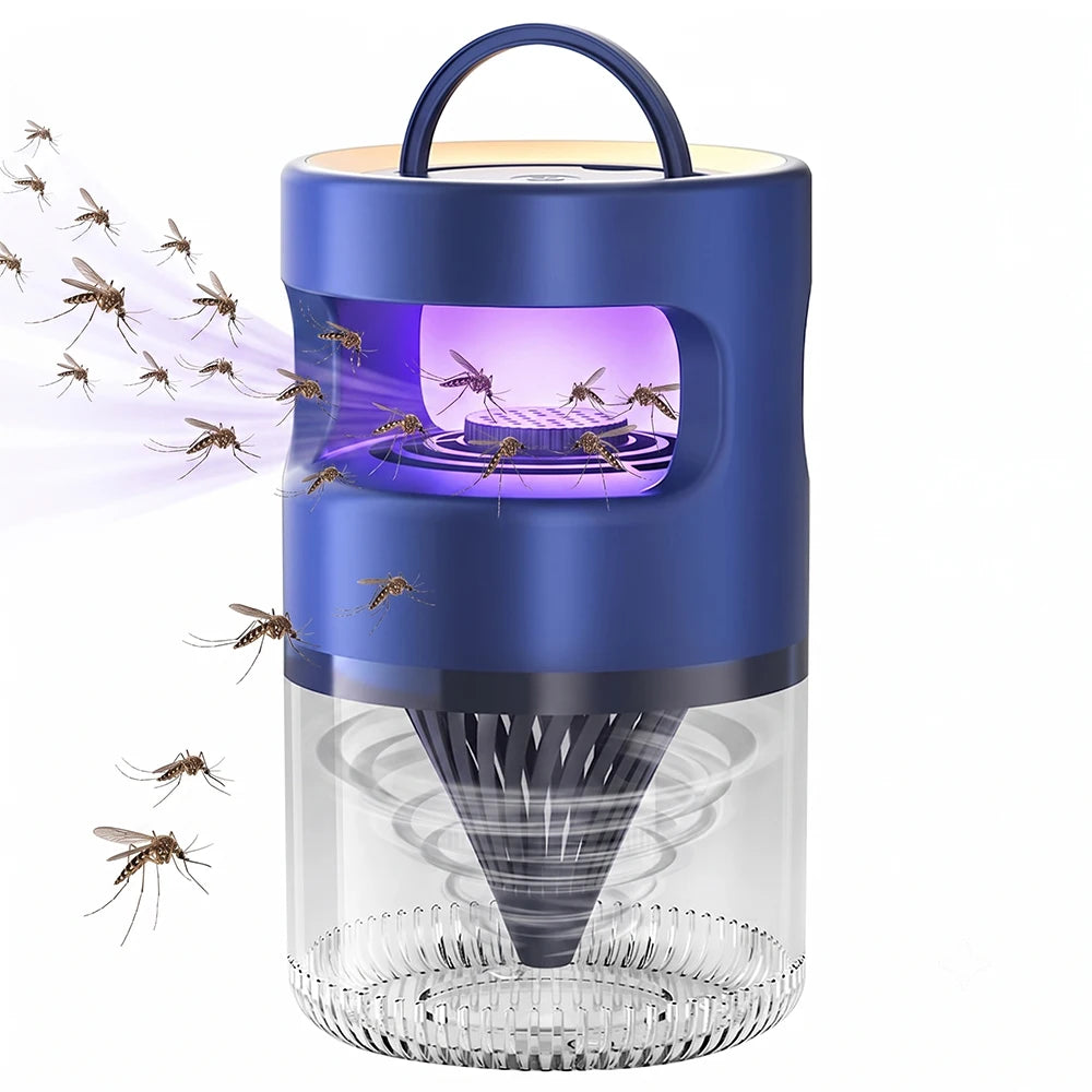 A blue UV mosquito killer lamp trap with a clear glass collection bowl and a dark purple light display.