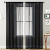 Black sheer curtain with a rod pocket hanging over a window.