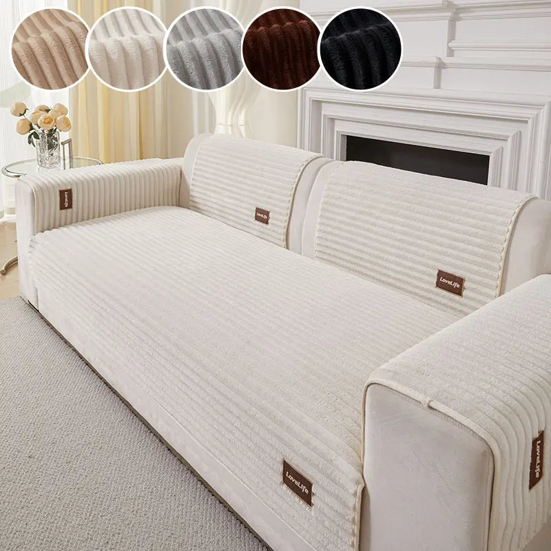 A beige minimalist anti-slip sofa cushion with ribbed fabric and decorative accent circles.