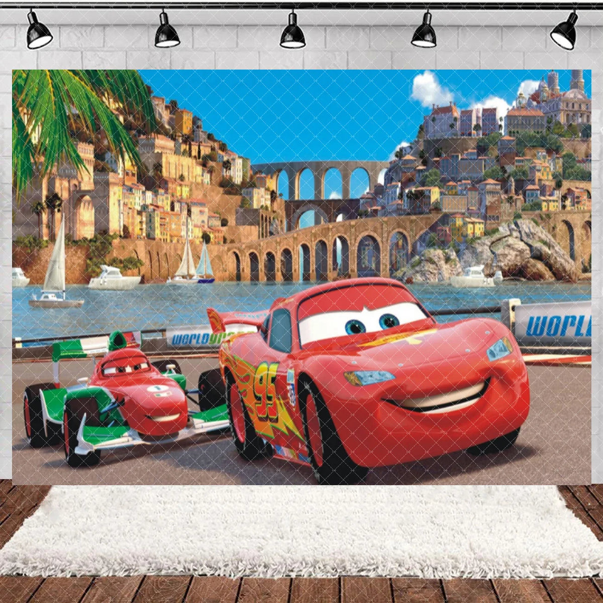 A Pixar-style red race car is featured in front of a scenic backdrop of an old European city and water.