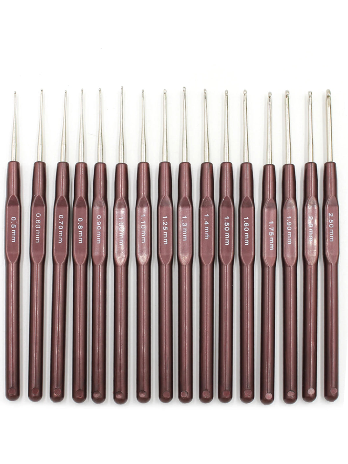 A set of sixteen ergonomic crochet hooks with soft-grip handles, numbered 0.5 mm to 2.5 mm.