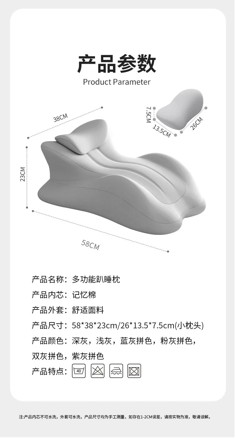 A gray ergonomic memory foam wedge pillow shown from the side, illustrating its dimensions.
