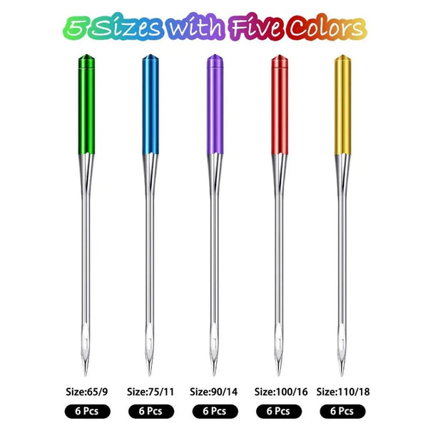 A set of five sizes of professional anti-skip sewing needles, each in a different color.