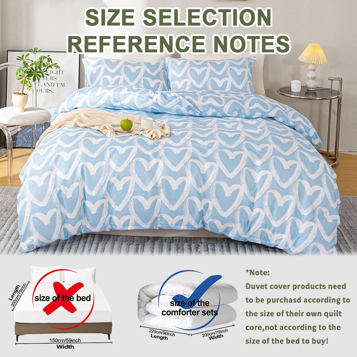 Reference notes for a heart print duvet cover set showing size comparison against a bed and comforter sets