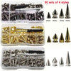 A collection of punk screw back studs and spikes for leather craft, including various styles and finishes.