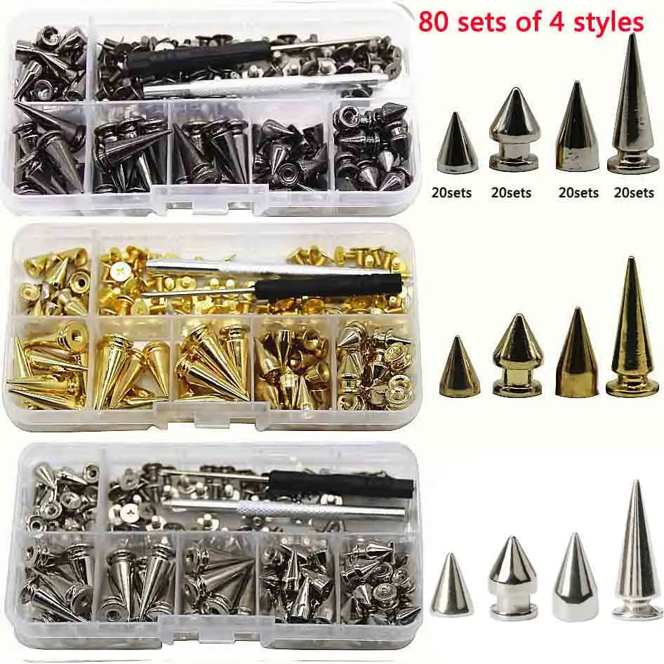 A collection of punk screw back studs and spikes for leather craft, including various styles and finishes.