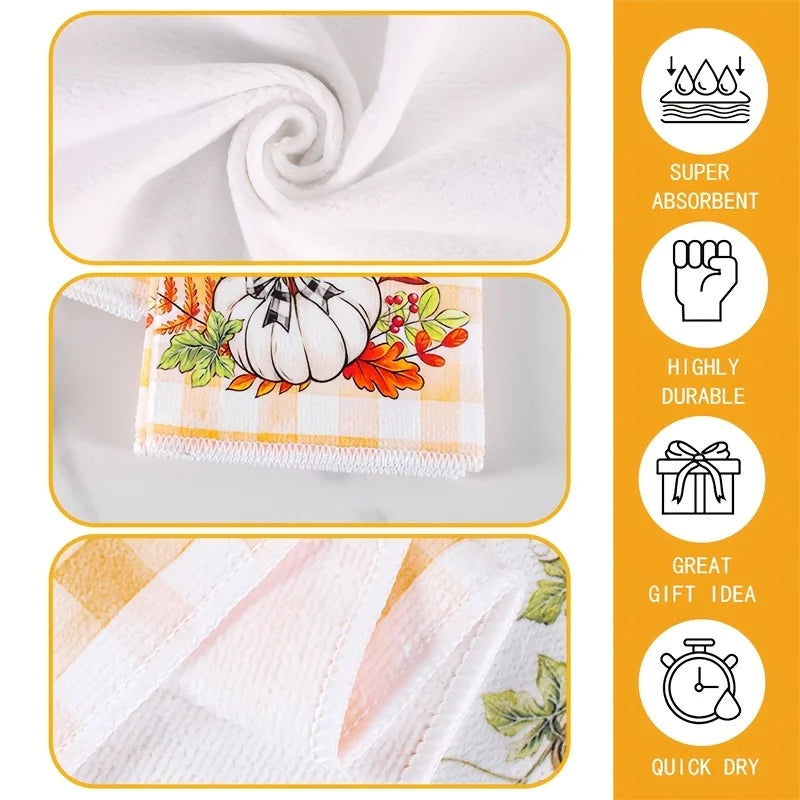 Set of two white kitchen towels with a pumpkin and plaid design showing super absorbent, durable, giftable, and quick dry fea