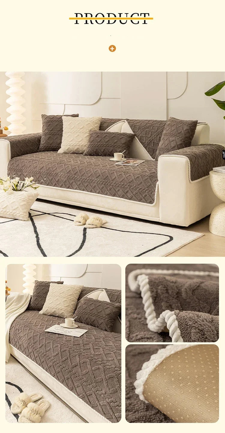 A brown textured sofa cushion cover displayed on a beige sofa with white accents and a white rug.