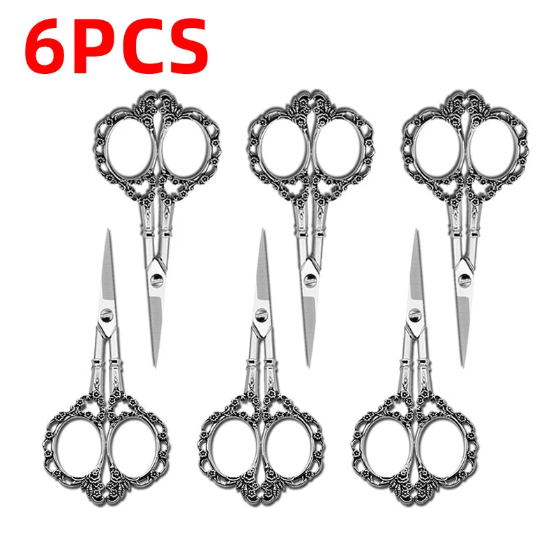 Six pieces of durable stainless steel crafting scissors displayed on a white background.