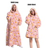 A woman models an adult-long pink fleece blanket hoodie and an adult-short version.