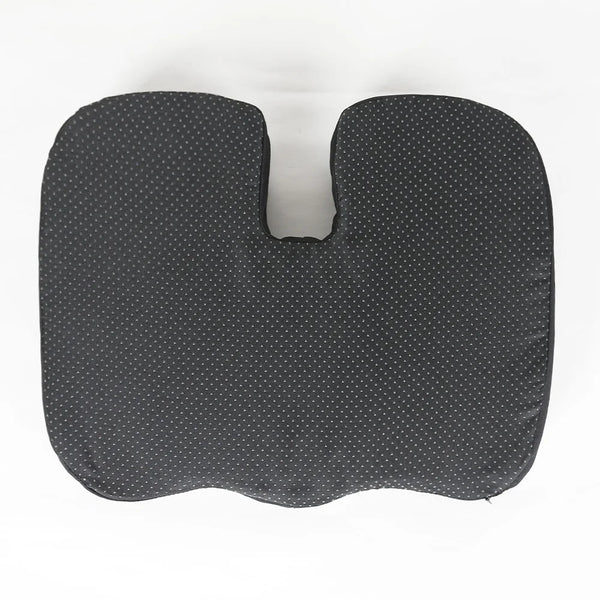 A gray ergonomic U-shaped massage seat cushion with a dotted pattern.