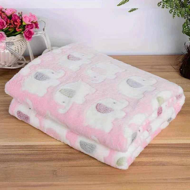 Pink and white flannel pet blanket with elephant patterns for dogs and cats