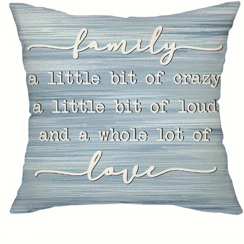 A light blue textured decorative pillow cover with cursive text that reads family a little bit of crazy a little bit of loud 