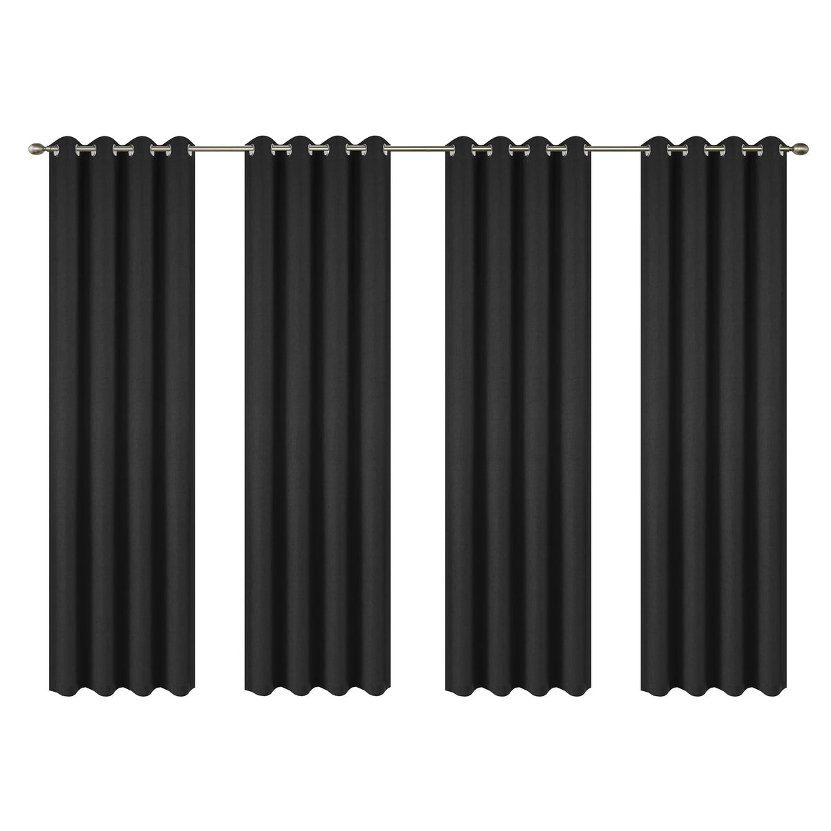 Set of four linen textured blackout curtains with grommet tops hanging on a rod