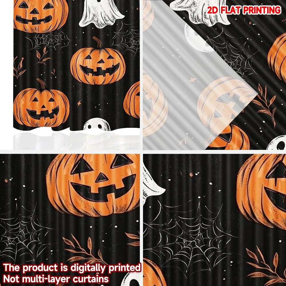 Black curtain panels featuring orange carved pumpkin and white ghost designs for Halloween decor