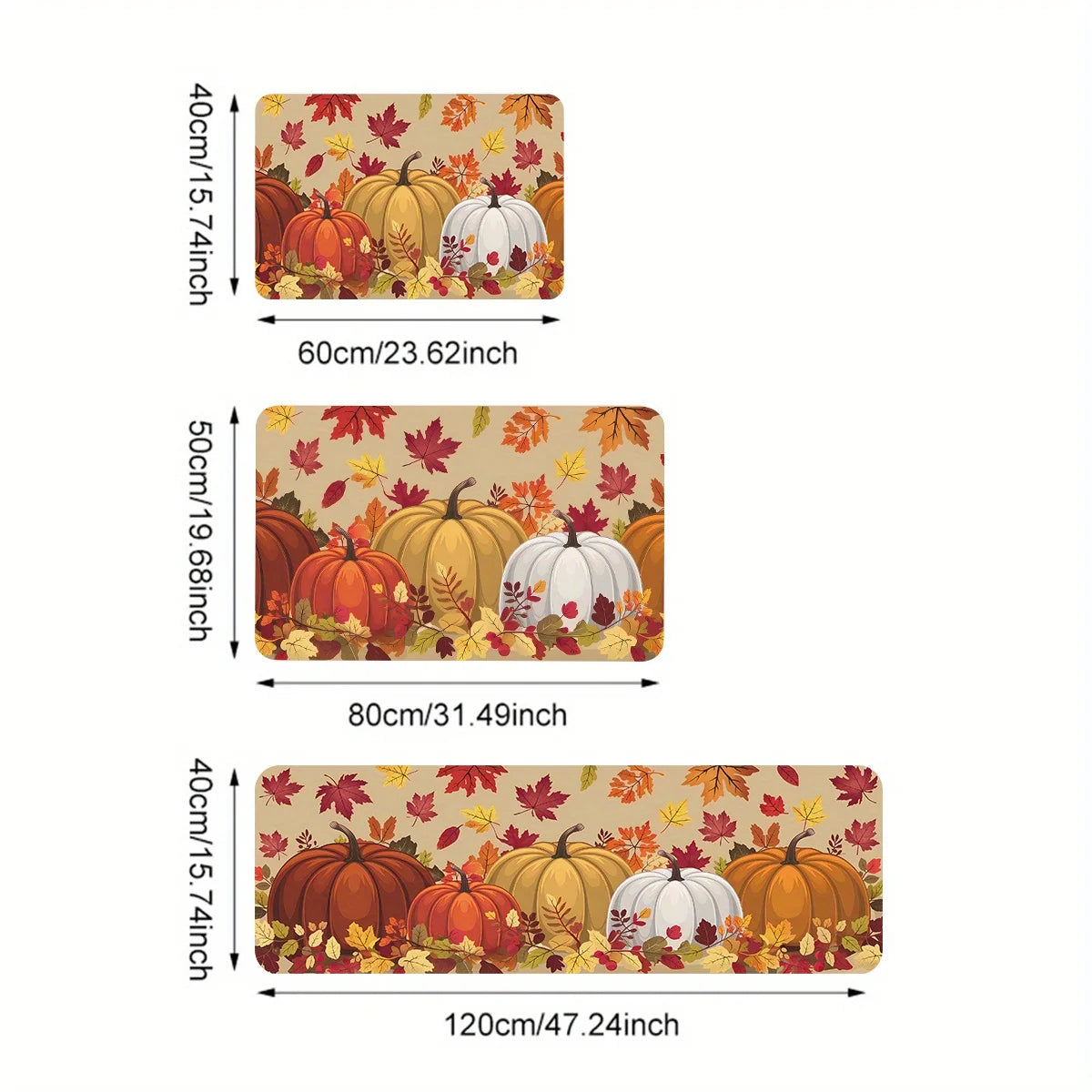 A set of four decorative maple leaf area rugs featuring autumn pumpkins and foliage designs.