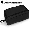 Black fabric pencil pouch with four compartments shown from the side.