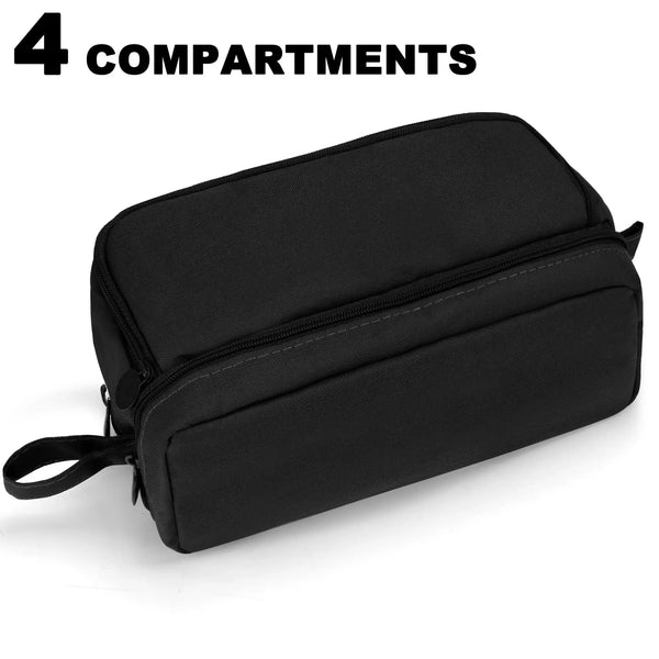 Black fabric pencil pouch with four compartments shown from the side.