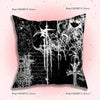 Black and white gothic cyber sigil throw pillow cover featuring intricate skeletal designs and sharp lines